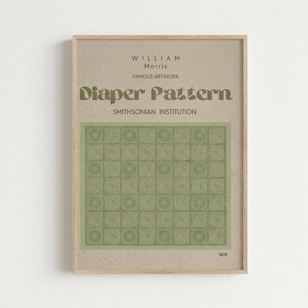 May include: Framed poster print displayed on white wall featuring William Morris's green geometric diaper pattern from 1870. The design shows repeating squares with circular motifs in muted sage green tones on cream background. Text at top reads "WILLIAM Morris FAMOUS ARTWORK" and "SMITHSONIAN INSTITUTION" with wooden frame surrounding the vintage-style decorative wallpaper pattern artwork.