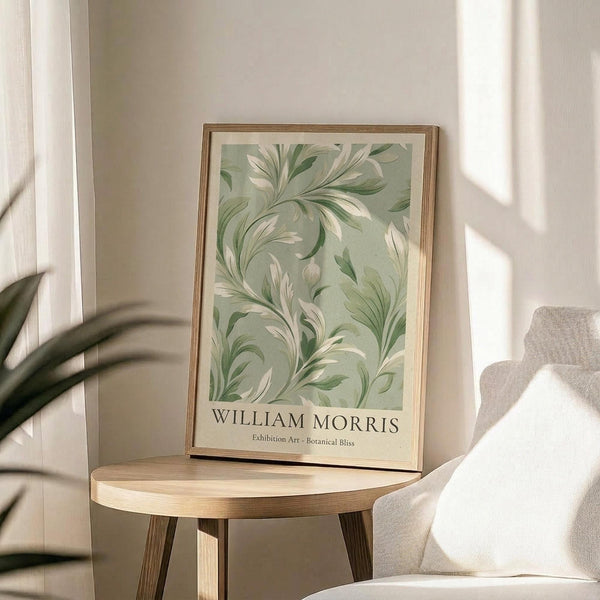 May include: Framed botanical art print featuring flowing green and cream leaf motifs in William Morris style, displayed on a round wooden side table next to a beige upholstered chair. Natural sunlight streams across the neutral-toned room, casting soft shadows from a plant in the foreground. The artwork has a sage green background with elegant swirling foliage patterns in lighter tones, housed in a thin gold frame.