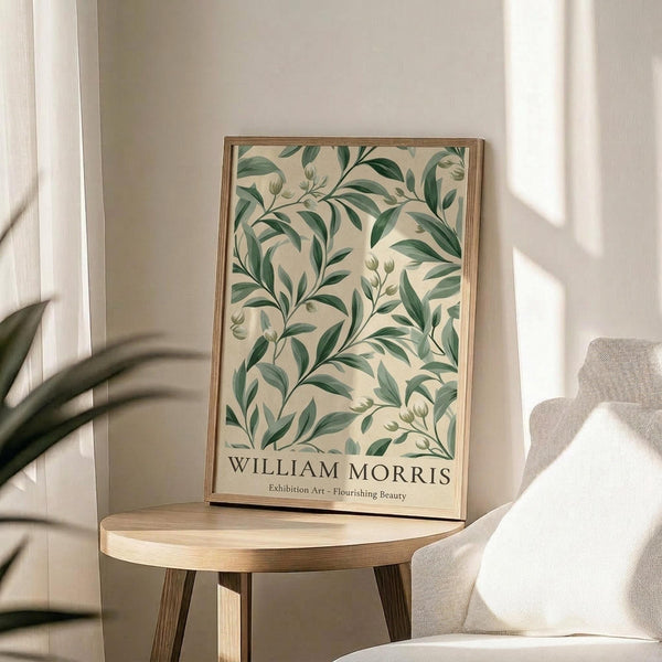 May include: Framed botanical art print with green leafy pattern on cream background, displayed on round wooden side table next to beige upholstered chair. Natural lighting creates soft shadows across neutral-toned room with white curtains and houseplant visible in corner.
