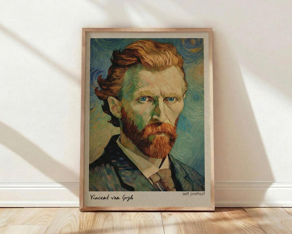 May include: Framed poster print featuring Vincent van Gogh's self-portrait with swirling blue-green background, reddish-orange hair and beard, piercing blue eyes, and dark suit jacket. Print has vintage-style border with handwritten signature and "self portrait" text. Natural wood frame leaning against white wall on light wooden floor with soft shadows.