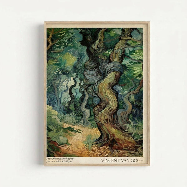 May include: Framed art print displaying Van Gogh's swirling cypress trees in rich greens, blues, and golden yellows with characteristic thick brushstrokes and flowing movement. The print sits in a light wood frame against a white wall, showing the dynamic, undulating forms of tall trees with textured foliage rendered in Van Gogh's distinctive Post-Impressionist style.