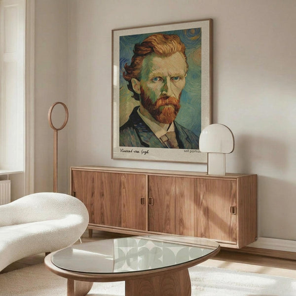 May include: Van Gogh self-portrait print in thin wooden frame hanging above walnut sideboard with glass oval coffee table and cream swivel chair in bright modern living room with white walls and natural lighting
