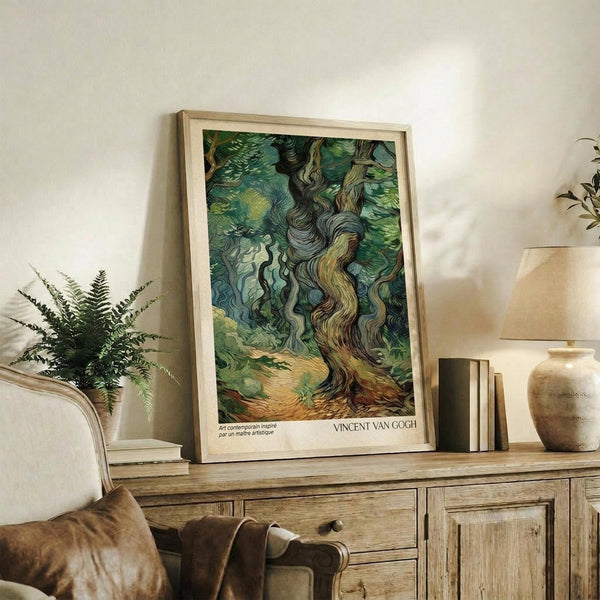 May include: Framed Van Gogh Cypresses print with swirling green and yellow brushstrokes depicting tall cypress trees, displayed on rustic wooden sideboard alongside fern plant, cream ceramic vase, stacked books, and brown leather armchair in warm neutral living room setting with natural lighting.