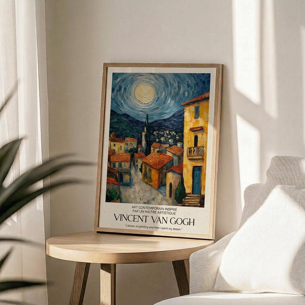 May include: Framed Van Gogh-style poster displaying a Mediterranean village scene with swirling blue night sky, golden moon, and warm yellow buildings with terracotta roofs. The print sits on a light wood round side table next to a beige upholstered chair, with natural sunlight casting shadows across white walls and a plant visible in the corner.