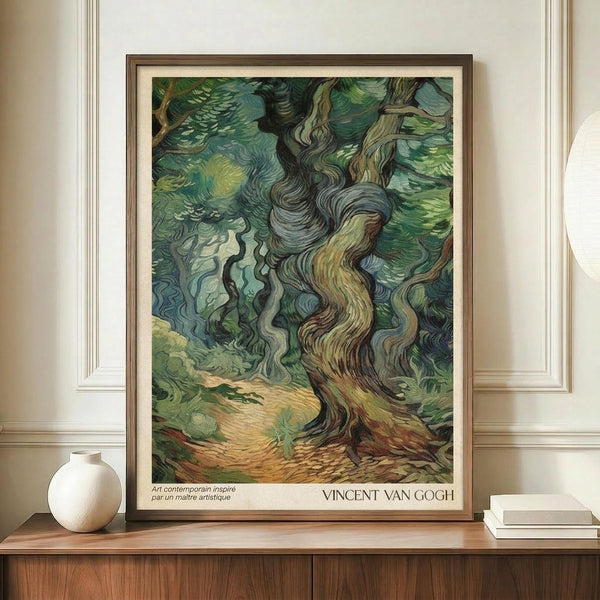 May include: Framed Van Gogh print featuring swirling cypress trees in vibrant greens and blues with characteristic flowing brushstrokes, displayed on wooden sideboard beside white ceramic vase and stacked books in elegant room with cream walls and wainscoting