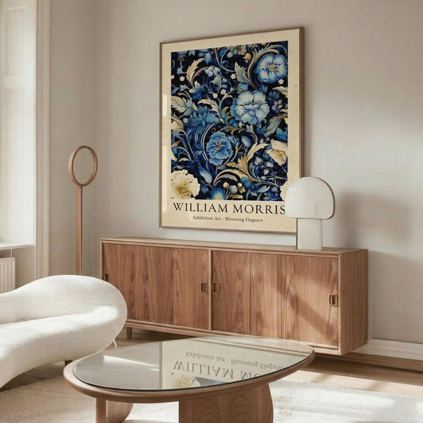 May include: Framed botanical poster with blue floral pattern featuring ornate flowers and foliage in William Morris style, displayed above wooden sideboard in modern living room with cream upholstered chair, glass coffee table, and minimalist decor