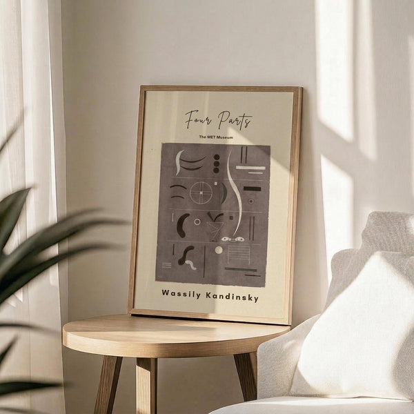 May include: Abstract art print in wooden frame featuring geometric shapes and lines in brown tones on cream background, displayed on round wooden side table next to beige upholstered chair with decorative pillow, green plant leaves visible in corner, natural sunlight casting shadows across neutral-toned room setting.