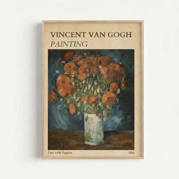 Framed art print featuring Van Gogh's floral still life painting with orange poppies in a white vase against a blue background. The print has cream-colored matting with black text reading "VINCENT VAN GOGH PAINTING" at the top and "Vase with Poppies 1886" at the bottom. Natural wood frame displayed against a white wall.
