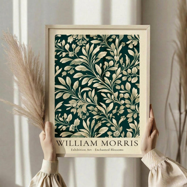May include: Hands holding a framed botanical art print featuring an intricate dark green and cream floral pattern with flowing leaves and small blossoms in William Morris style. The print is displayed in a light wood frame against soft curtains with dried pampas grass visible to the side, creating a cozy neutral-toned interior setting.