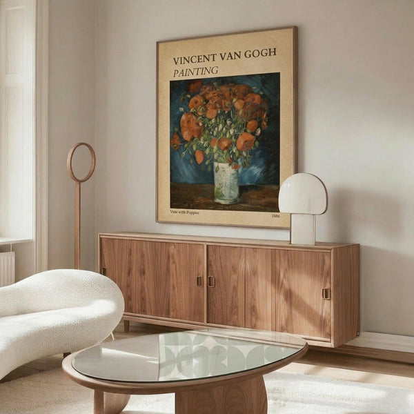 May include: Van Gogh poster print of orange poppies in white vase displayed above walnut credenza in modern living room with cream upholstered chair, glass coffee table, and minimalist decor. Poster shows vintage museum-style layout with beige background framing the floral artwork.