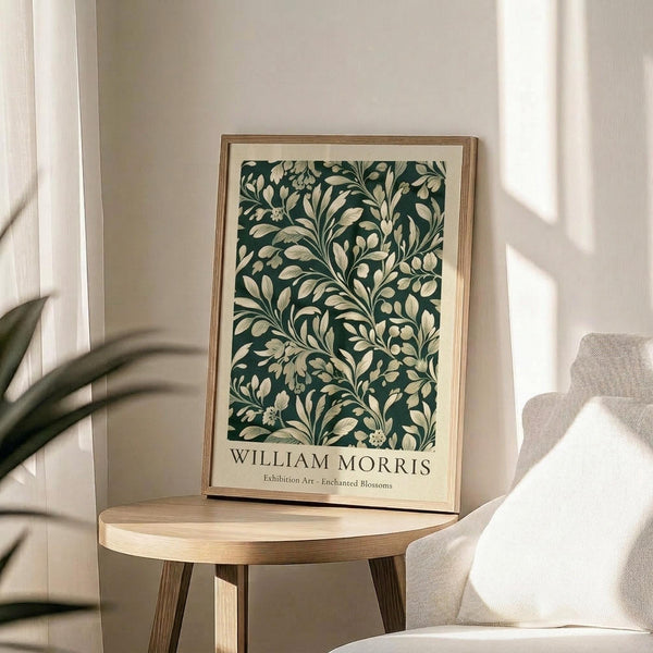 May include: Framed botanical art print with dark green background and cream-colored flowing leaves and small flowers in William Morris style, displayed on light wood round side table next to beige upholstered chair, with plant leaves visible in corner and natural sunlight streaming across white walls.