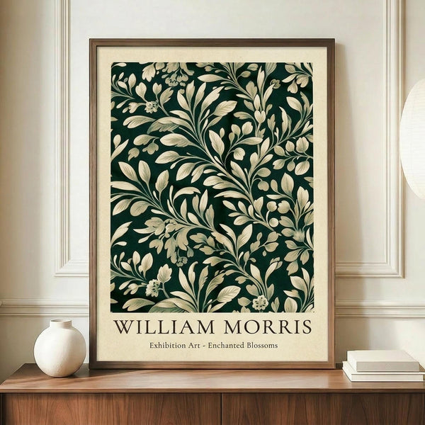 May include: Framed botanical art print with dark green background and cream-colored flowing leaves and flowers in vintage William Morris style, displayed on wooden sideboard next to white ceramic vase and books in elegant room with white wainscoting and warm lighting.