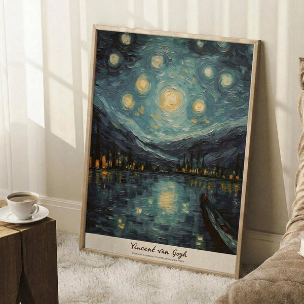 May include: Framed poster print of Van Gogh's Starry Night style artwork showing swirling night sky with glowing stars and moon over water with reflections and small boat. Blue and yellow dominant colors with thick brushstroke texture. Natural wood frame leaning against white wall corner next to wooden side table with white coffee cup and saucer, cream textured rug below.
