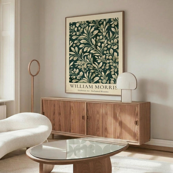 May include: Dark green botanical poster with cream-colored leaves and flowers in Arts and Crafts style, displayed in thin wooden frame above mid-century modern walnut credenza. Room features white upholstered chair, glass-top coffee table, and minimalist decor with natural lighting.