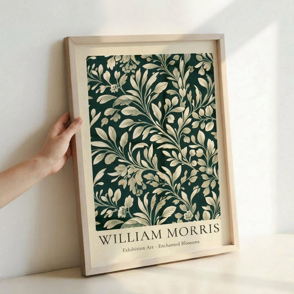 May include: Hand holding a light wood framed poster against a white wall. The artwork features an intricate botanical pattern with cream-colored leaves, flowers, and flowing vines on a deep forest green background. Below the floral design is white text reading "WILLIAM MORRIS" and "Exhibition Art - Enchanted Blossoms" in elegant typography.