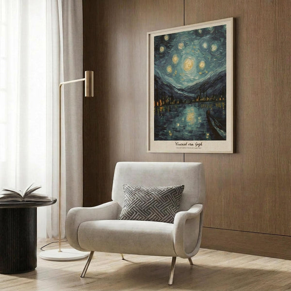 May include: Vincent van Gogh's Starry Night reproduction poster with swirling blue night sky, bright yellow stars and moon, dark silhouetted village and water below, displayed in light wood frame on warm wood paneled wall above beige upholstered armchair with geometric patterned pillow, brass floor lamp and side table with open book nearby