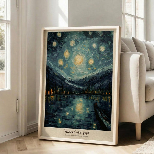 May include: Large framed poster print in light wood frame leaning against white wall corner next to beige sofa. Artwork shows swirling night sky with bright yellow stars and crescent moon over dark water with reflections and small boat. Post-impressionist style with thick, textured brushstrokes in blues, yellows, and greens. Mountains and village silhouettes visible along shoreline. Vincent van Gogh attribution text at bottom of print.