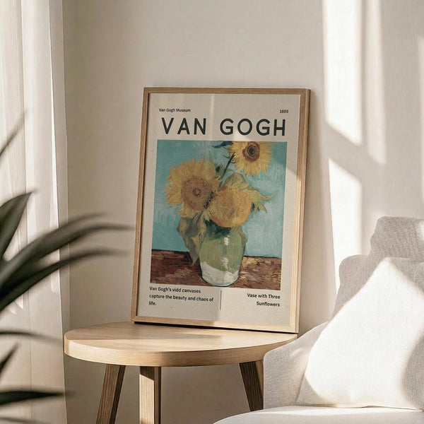 May include: Framed Van Gogh museum poster featuring his Three Sunflowers painting displayed on a round wooden side table next to a beige upholstered chair. The poster shows yellow sunflowers in a green vase against turquoise background, with museum-style text and cream matting in thin gold frame. Soft natural lighting creates shadows on white wall, with plant leaves visible in corner.