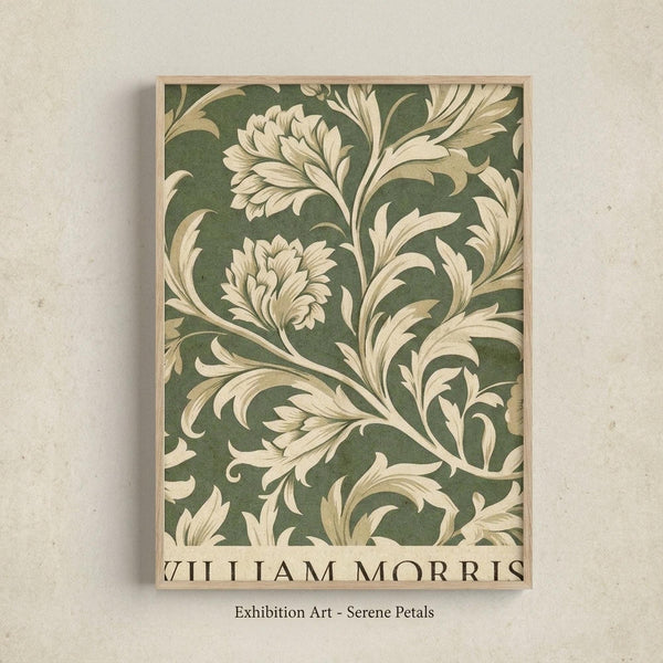 Framed botanical art print featuring cream-colored ornate floral scrollwork and blooming flowers against a sage green background, displayed on a light textured wall. The design shows flowing acanthus leaves and decorative blooms in an elegant Victorian pattern style with "WILLIAM MORRIS" text at bottom.