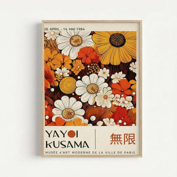 Vintage exhibition poster featuring a vibrant floral pattern with white daisies, orange and red flowers against a dark background. The artwork displays "YAYOI KUSAMA" in bold black letters with Japanese characters, dated "28. APRIL - 14. MAI 1984" and "MUSÉE D'ART MODERNE DE LA VILLE DE PARIS" at bottom. Framed in light wood and displayed on a white wall.