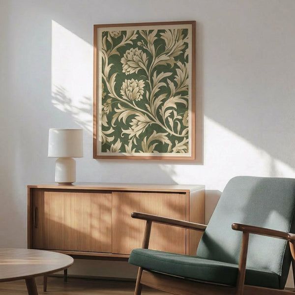 May include: Framed botanical art print with green background and cream-colored flowing acanthus leaves and flowers in ornate Victorian style, displayed above wooden mid-century modern sideboard with table lamp, next to sage green upholstered armchair with wooden arms in bright naturally-lit room with white walls and hardwood floors.