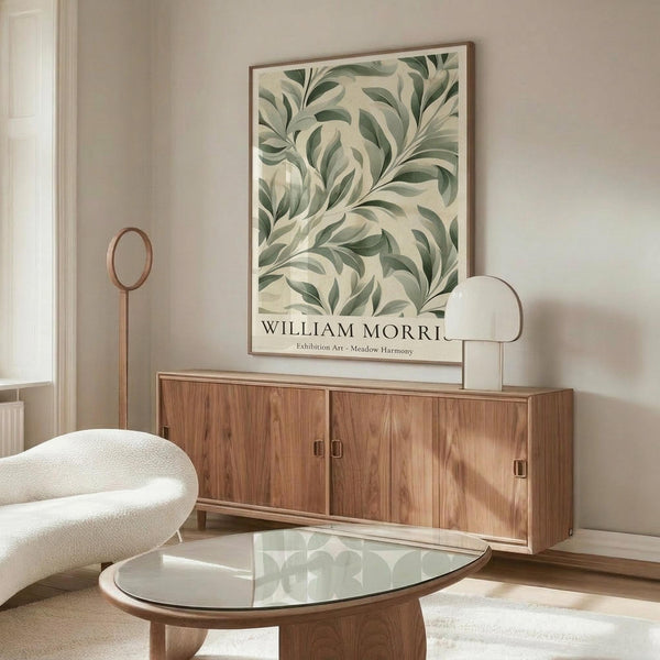 May include: Framed botanical art print with flowing green and cream leaf pattern displayed above walnut credenza in minimalist living room. Modern white sculptural chair and glass coffee table visible. Warm natural lighting creates soft shadows on neutral walls.