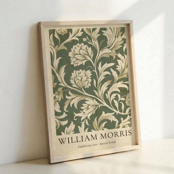 May include: Framed botanical art print with ornate green and cream floral pattern featuring flowing acanthus leaves and decorative blooms in William Morris style, displayed in light wood frame leaning against white wall with soft natural lighting creating gentle shadows