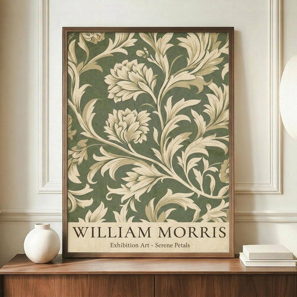 May include: Framed poster with sage green background featuring cream-colored ornate floral scrollwork and leaves in William Morris style, displayed on wooden sideboard next to white ceramic vase and stacked books in elegant room with white wainscoting and cream walls