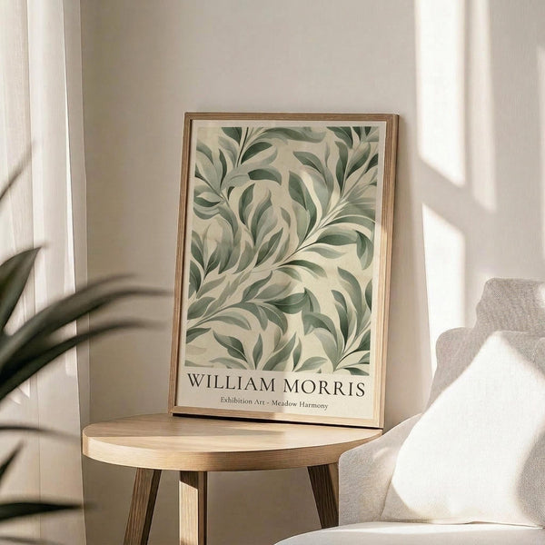 May include: Framed botanical art print with flowing green and cream leaf patterns displayed on a round wooden side table next to a beige upholstered chair. Natural sunlight creates soft shadows across the neutral-toned room setting. The artwork features swirling foliage motifs in sage green tones with exhibition text below the design.
