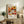 May include: Framed vintage-style art poster featuring vibrant orange, yellow, and white daisy flowers in retro 1970s design, displayed on rustic wood sideboard with books, ceramic vase, and fern plant in cozy living room setting with beige chair and neutral walls