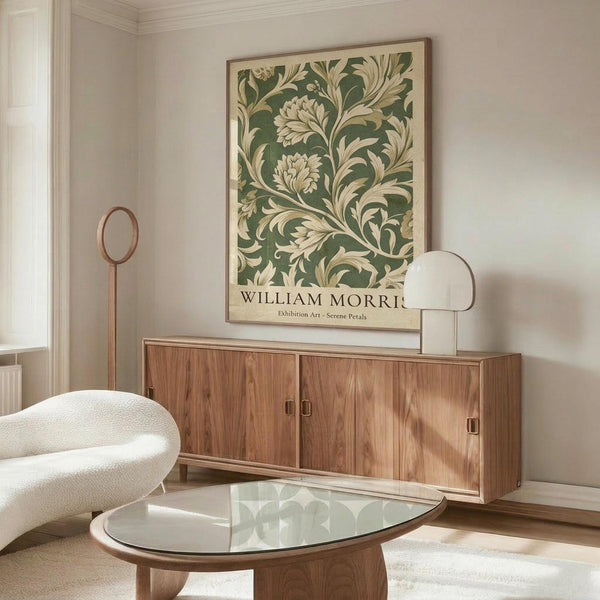 May include: Framed botanical poster with green and cream floral pattern displayed above wooden sideboard in modern living room. White sculptural chair and glass-top coffee table visible. Poster shows flowing leaves and flowers in vintage Arts and Crafts style with text at bottom. Natural lighting creates shadows across warm wood furniture and neutral walls.