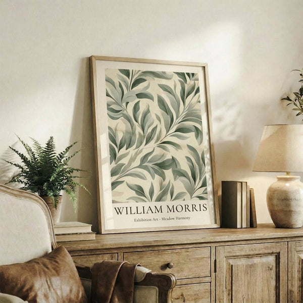 May include: Framed botanical art print with flowing green leaves in William Morris style, displayed on rustic wooden sideboard alongside fern plant, ceramic vase, and books in warm neutral living room setting with white walls and cozy seating