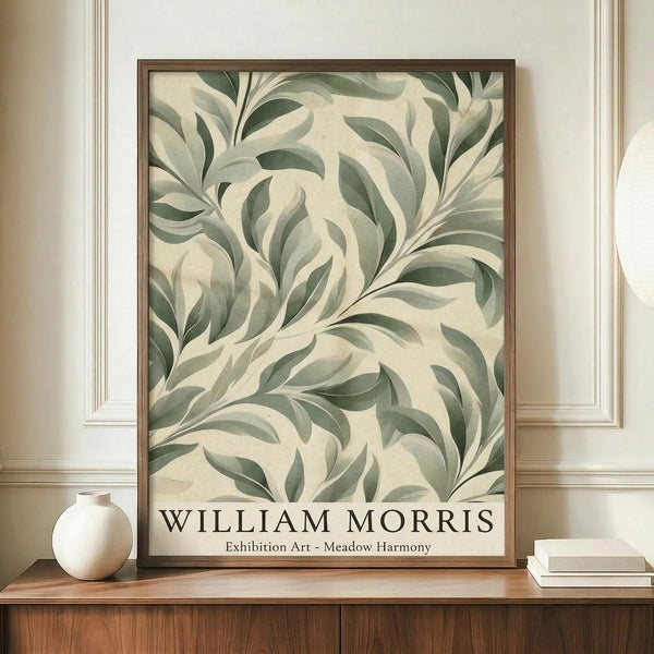 May include: Framed botanical art print with flowing green and cream leaf patterns in William Morris style, displayed on wooden console table beside white ceramic vase and stacked books against cream wall with white molding