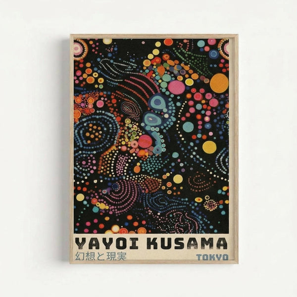 Colorful abstract artwork with vibrant polka dots, circles, and swirling patterns on black background, featuring blues, oranges, pinks, yellows, and greens in organic flowing formations. Text reads "YAYOI KUSAMA" with Japanese characters and "TOKYO" below. Displayed in light wood frame against white wall.