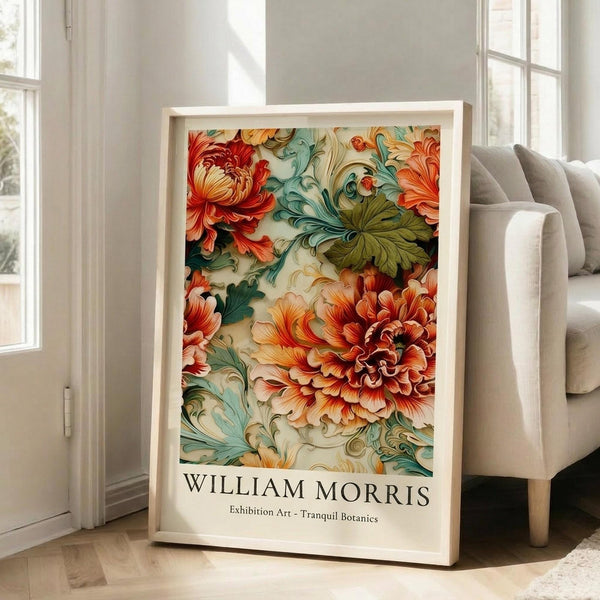 May include: Framed botanical art print leaning against white wall beside beige upholstered sofa in bright living room. Print features ornate orange and red chrysanthemum flowers with teal and green decorative leaves in Victorian Arts and Crafts style. Natural wood frame, approximately 2-3 feet tall. Sunlight streams through tall windows onto light wooden floors with partial view of area rug.