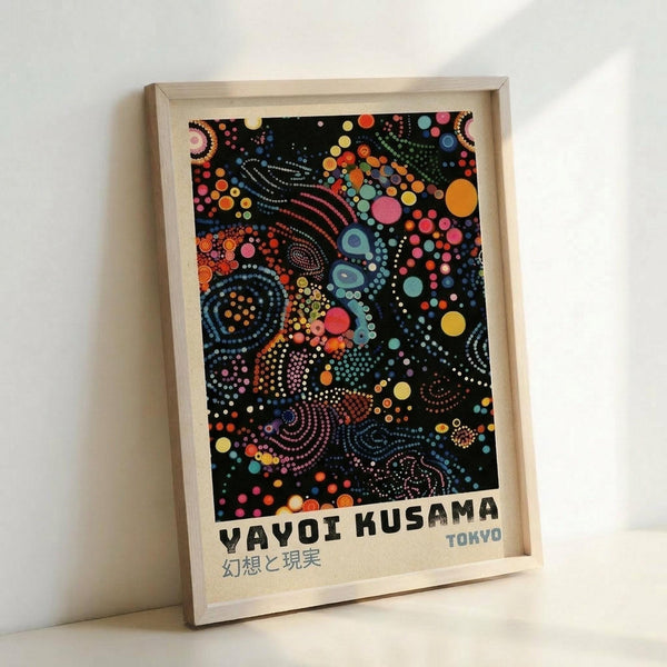May include: Framed poster print with colorful dot pattern artwork on black background, featuring swirling circles and organic shapes in vibrant blues, oranges, pinks, yellows and greens. Text reads "YAYOI KUSAMA" and "TOKYO" with Japanese characters below. Light wooden frame sits against white wall, showing polka dot psychedelic design reminiscent of contemporary Japanese art style.