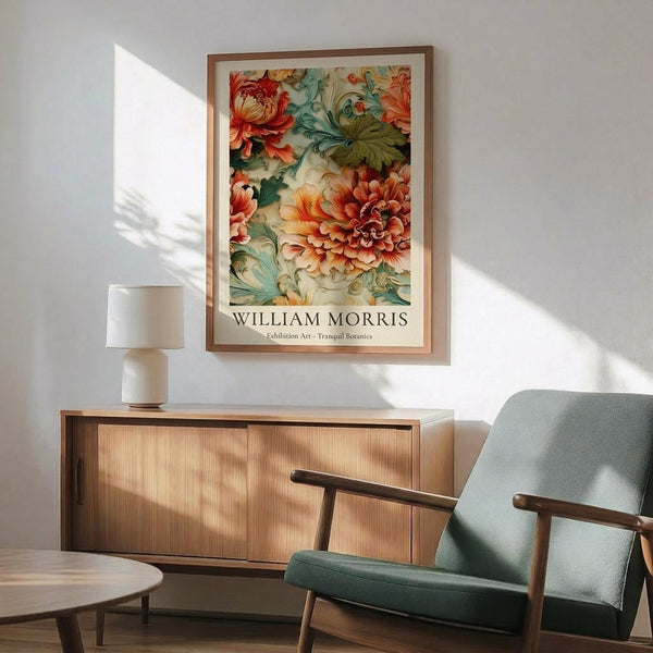 May include: Framed botanical art print featuring vibrant orange and red chrysanthemum flowers with teal and green foliage in William Morris style, displayed above a wooden sideboard with lamp in modern living room with mint green mid-century chair and natural sunlight streaming across white walls.