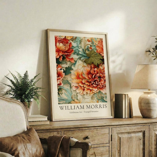 May include: Framed botanical art print featuring vibrant orange and coral flowers with teal and green foliage in decorative swirling patterns, displayed on rustic wooden sideboard alongside fern plant, ceramic vase, and books in neutral-toned living room setting with beige upholstered furniture and soft natural lighting.