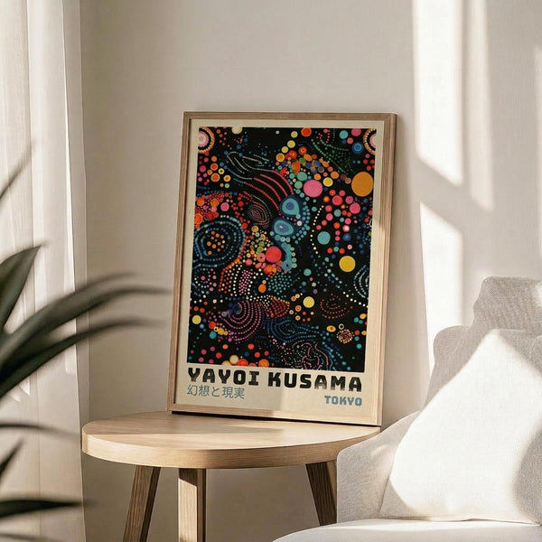 May include: Colorful abstract art print in wooden frame featuring vibrant dots, circles, and swirling patterns on black background in blues, reds, oranges, and yellows. Frame sits on round wooden side table next to beige upholstered chair with plant leaves visible. Soft natural lighting creates shadows on neutral wall. Japanese text visible below artwork. Contemporary home decor styling.