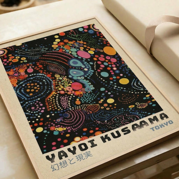 A framed poster with a vibrant, abstract design featuring colorful circles and dots in various sizes and shapes, along with some text that reads "YAYOI KUSAAMA TOKYO".