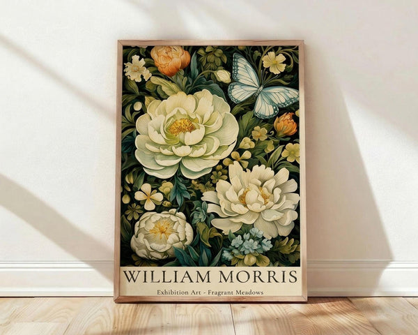 May include: Framed botanical art print leaning against white wall on light wood floor. Features cream and white peonies, orange flowers, pale blue butterfly on dark green background. Natural wood frame, soft window light casting shadows. Victorian-style floral illustration with rich detail and vintage aesthetic.