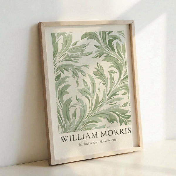 May include: Framed botanical art print with flowing green foliage pattern on cream background, displayed in natural wood frame leaning against white wall. The design features sweeping, curved leaves and organic motifs in sage green tones with "William Morris" and "Exhibition Art - Floral Reverie" text at bottom.