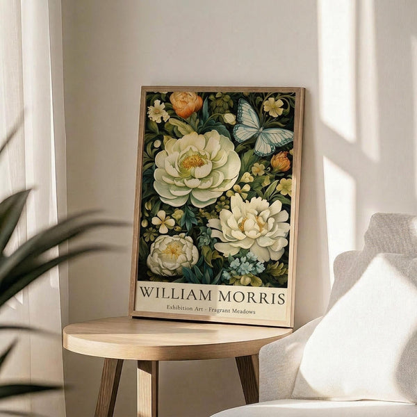 May include: Framed botanical art poster featuring white peonies, orange flowers, and blue butterfly on dark background, displayed on round wooden side table next to beige upholstered chair. Natural lighting creates soft shadows on neutral wall. Green plant leaves visible in corner.