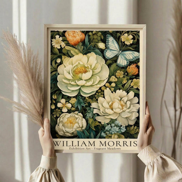 May include: Person in cream ruffled sleeves holding framed botanical art print featuring large white peonies, orange flowers, blue butterfly, and green foliage on dark background. Light wood frame, dried pampas grass visible to left, neutral curtained background with soft natural lighting.