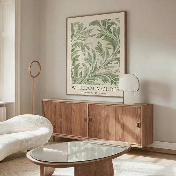 May include: Framed botanical poster with flowing green leaf pattern displayed above wooden sideboard in modern living room. Shows cream-colored chair, glass coffee table, floor lamp, and table lamp. Natural light creates soft shadows on neutral walls. Mid-century modern furniture styling with warm wood tones throughout scene.