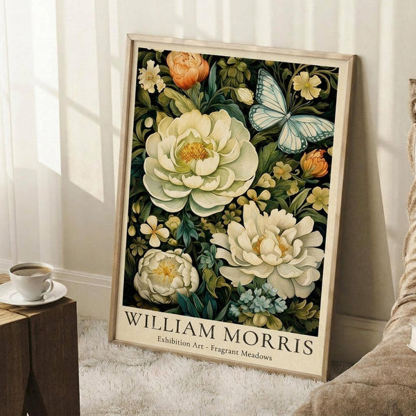 May include: Framed botanical art print leaning against white paneled wall on white fluffy rug. Features detailed illustration of cream and peach peonies, blue butterfly, and green foliage on dark background. Light wood frame, approximately 16x20 inches. White coffee cup on wooden block nearby, with beige throw blanket visible at right edge.