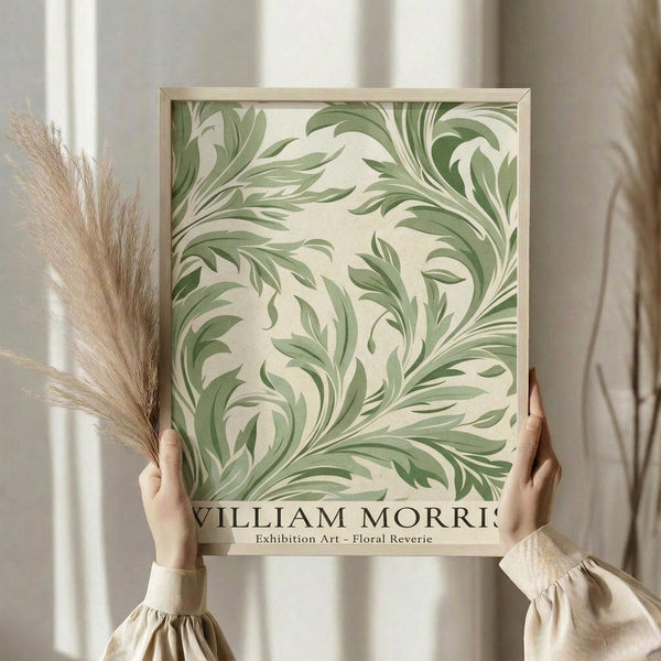 May include: Person holding a framed botanical art print with flowing green foliage pattern on cream background, displayed alongside dried pampas grass stems against soft neutral curtains and window light in minimalist interior setting.