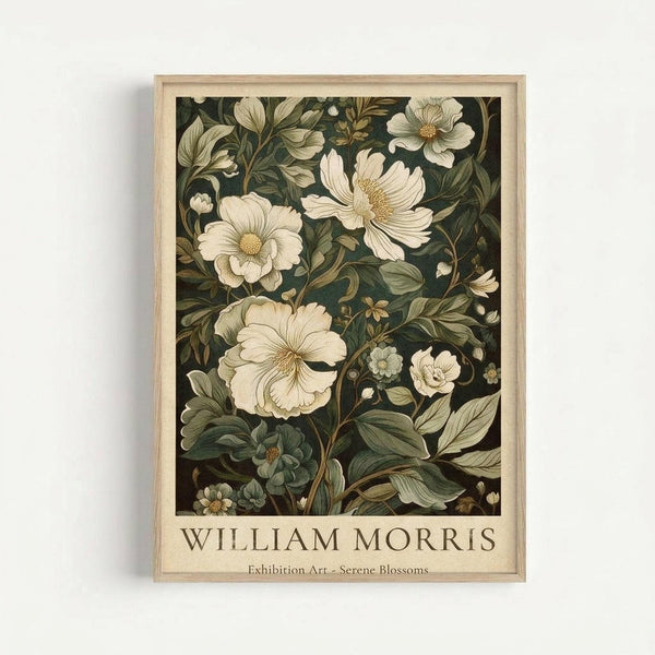 Vintage botanical illustration print in light wooden frame showing cream and white flowers with sage green leaves on dark background. Delicate floral pattern features large blooms with detailed petals and stems in muted, earthy tones. Print displays artist name and exhibition title at bottom in elegant serif typography.