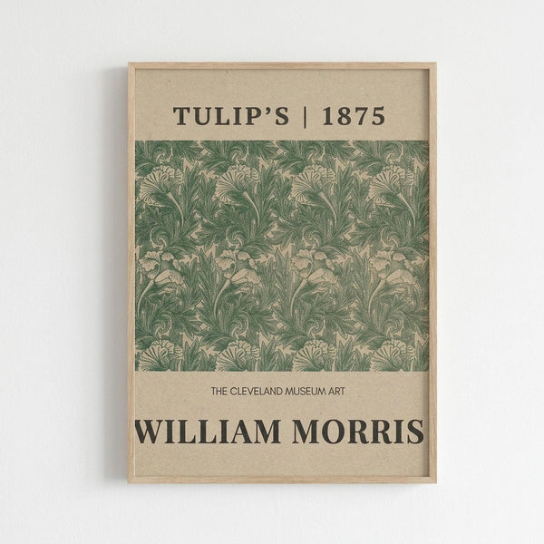 May include: Framed vintage botanical poster with green floral pattern on beige background, featuring intricate tulip and leaf design in Arts and Crafts style, displayed on white wall in light wooden frame