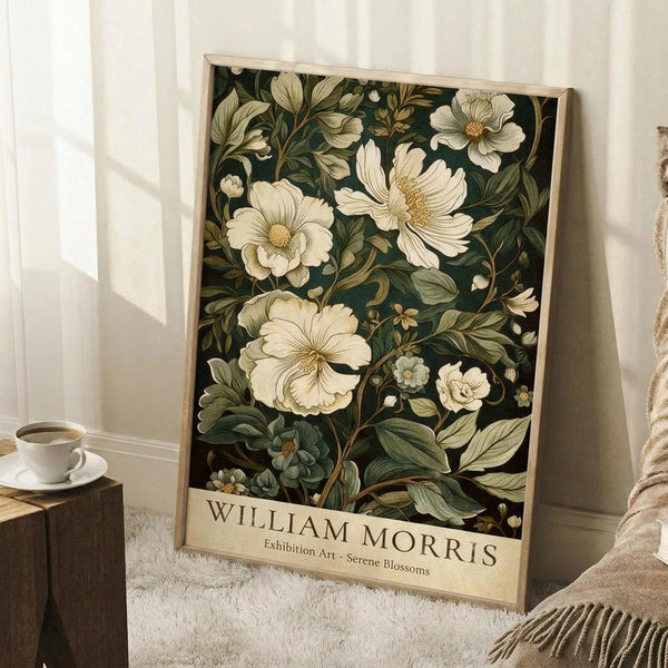 May include: Framed botanical poster with white flowers and green leaves on dark background, leaning against white wall corner next to coffee cup on wooden block and beige textured throw blanket on white fuzzy rug